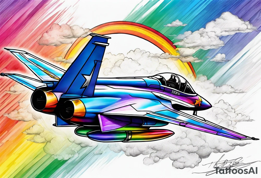 Fighter jet flying through rainbow tattoo idea