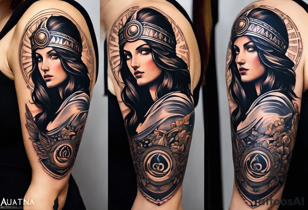 A full tattoo sleeve inspired by Greek mythology, centered around the Greek goddess Athena. Athena is portrayed with a strong, commanding presence, symbolizing wisdom, strength, and warfare. The design emphasizes bold, clean lines with a focus on sharp contrasts, creating a powerful and dynamic visual impact. Surrounding Athena, incorporate a mandala effect with geometric patterns that evoke a sense of order and strategy, reflecting her role as a warrior goddess. The sleeve also features masculine elements such as a fierce owl with piercing eyes, an ornate warrior’s helmet, and olive branches intertwined with Spartan-style armor, all seamlessly integrated into the design. The overall aesthetic is strong, rugged, and heroic, capturing the essence of Athena’s wisdom and martial prowess in a way that resonates with a masculine energy tattoo idea