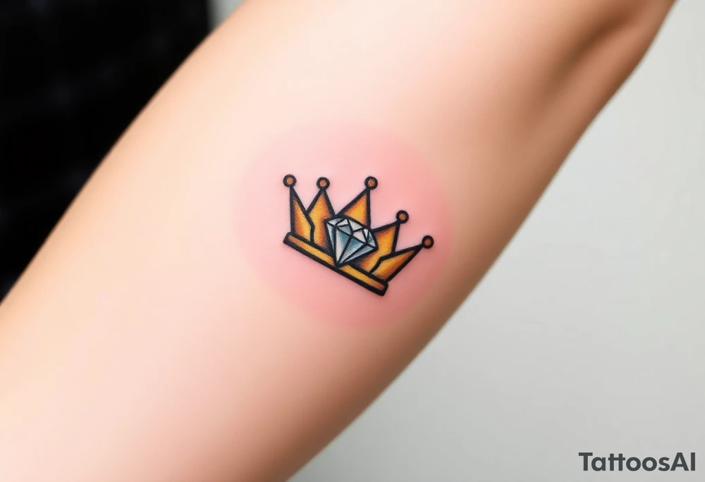 A minimalist crown with a single, large diamond in the center, shaded in black, gold, and diamond whites for a sleek, modern take on royal symbolism tattoo idea