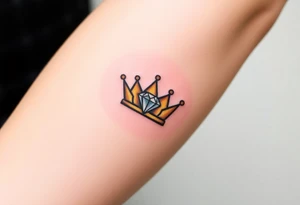 A minimalist crown with a single, large diamond in the center, shaded in black, gold, and diamond whites for a sleek, modern take on royal symbolism tattoo idea