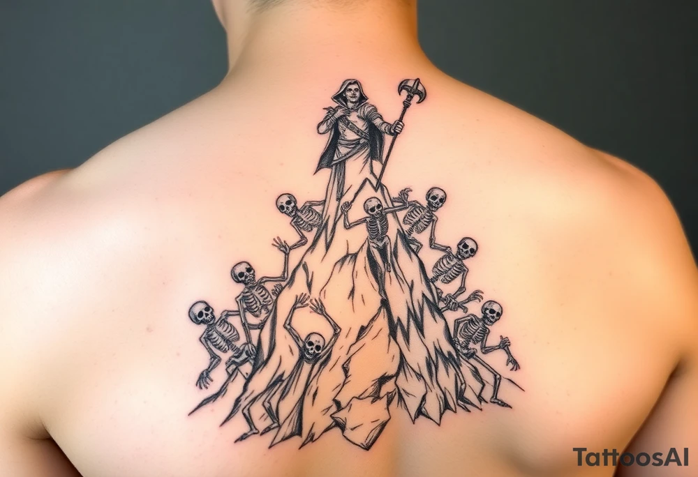 Necromancer on a mountain top, raising zombies and skeletons from the dead below. The zombies and skeletons are climbing up to him,  piling up to climb the mountain tattoo idea
