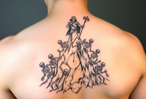 Necromancer on a mountain top, raising zombies and skeletons from the dead below. The zombies and skeletons are climbing up to him,  piling up to climb the mountain tattoo idea
