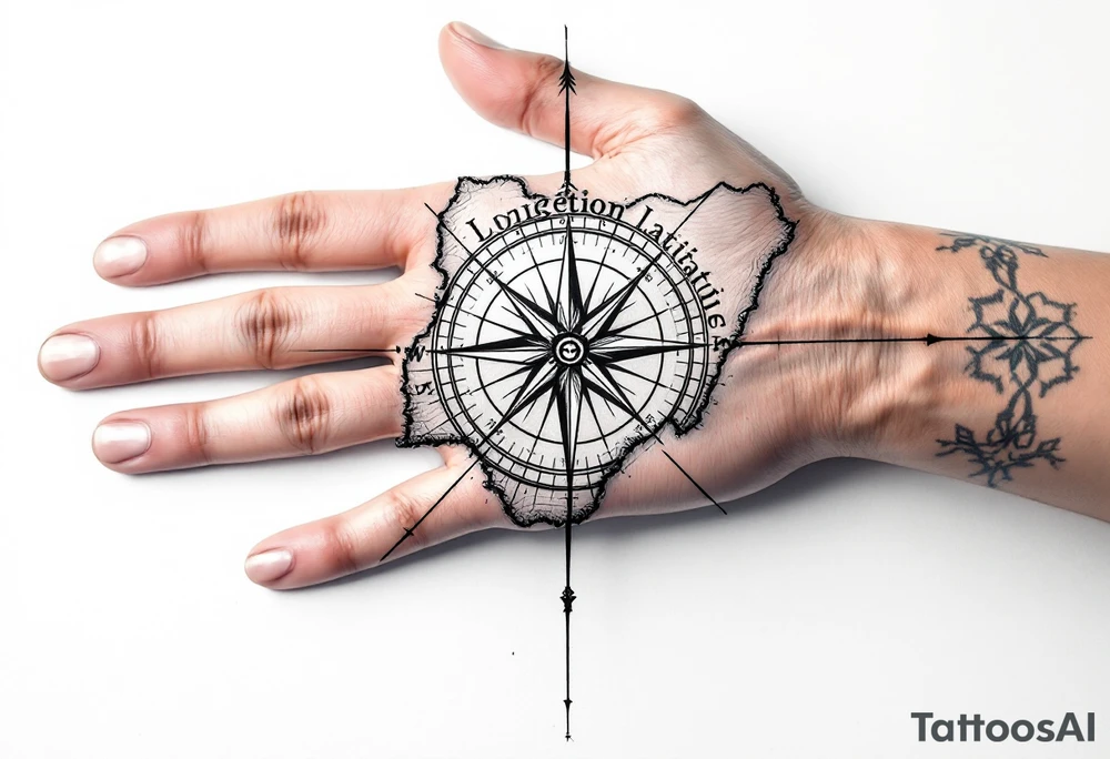 Compass on the hand in the shape of Nigeria with longitude written on the top and latitude written on the bottom. Draw long symmetrical lines leading from the arm connecting to the compass tattoo idea