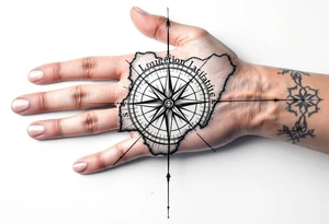 Compass on the hand in the shape of Nigeria with longitude written on the top and latitude written on the bottom. Draw long symmetrical lines leading from the arm connecting to the compass tattoo idea