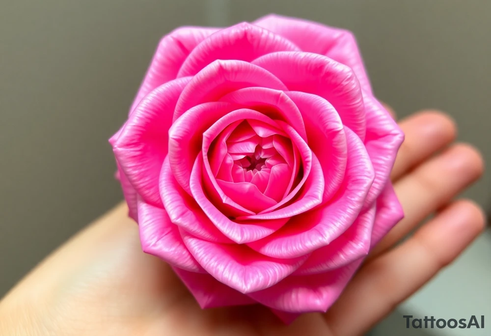 The pink rose appears as if viewed through a mesmerizing kaleidoscope, with its delicate petals radiating outward in a perfectly symmetrical, fractal-like pattern. Shades of soft blush and vibrant magenta blend seamlessly, creating a hypnotic, almost surreal visual effect that draws the eye deeper into its intricate layers. The petals seem to fold and reflect infinitely, forming geometric shapes that shift and transform, giving the rose an ethereal, dreamlike quality. tattoo idea