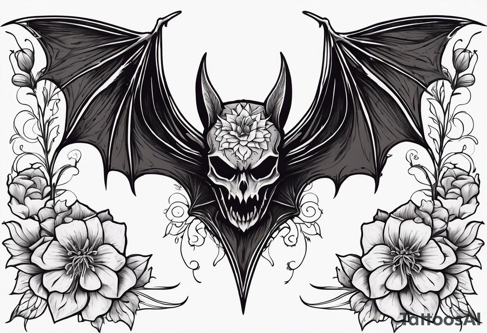 Evil bat holding a lycoris radiata, skeleton hands making heart shape around the bat, lycoris radiata thin flower petals accents surrounding the outside tattoo idea