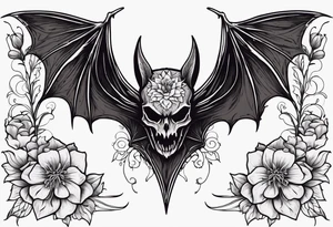 Evil bat holding a lycoris radiata, skeleton hands making heart shape around the bat, lycoris radiata thin flower petals accents surrounding the outside tattoo idea