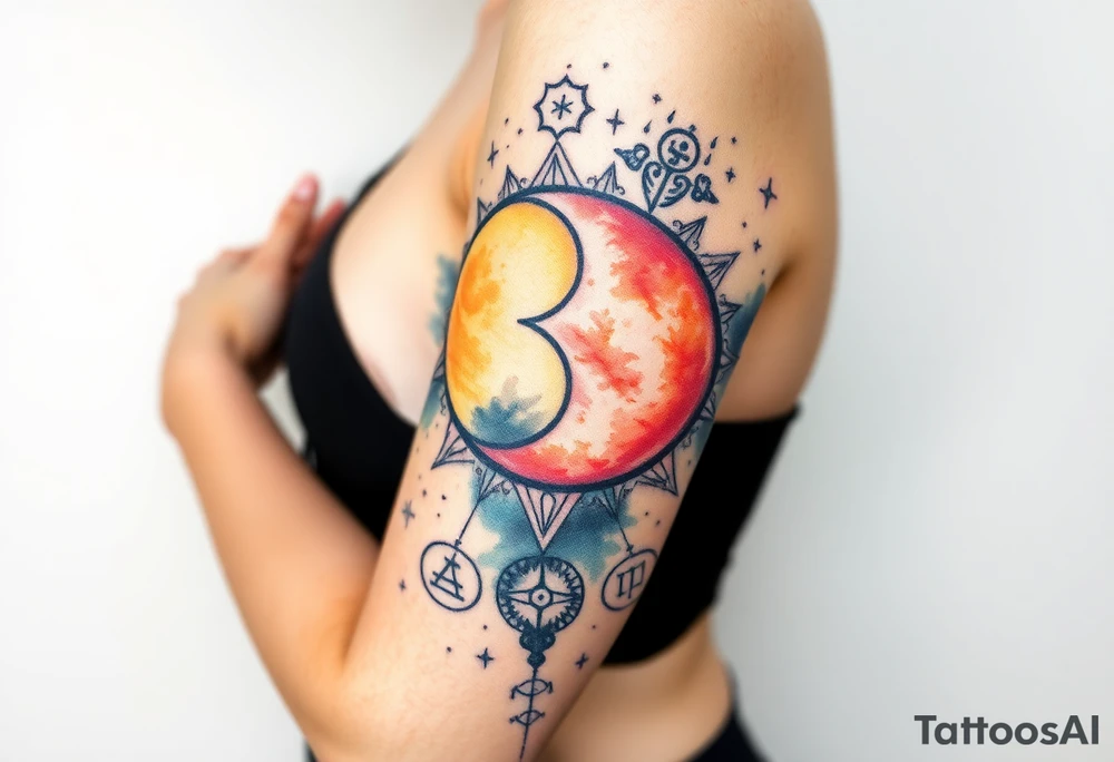 celestial sun and moon with constellation patterns runes in starry sky tattoo idea