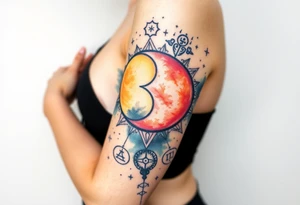 celestial sun and moon with constellation patterns runes in starry sky tattoo idea
