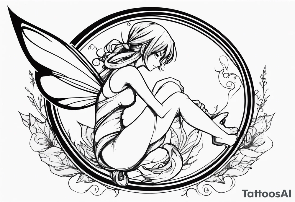 No color sketch of a fairy with a tail inspired by the guild symbol in the anime show called Fairy Tail in a fetal position leaning forward while crawled in with hands a bit forward and her body is an angle while floating in the air tattoo idea
