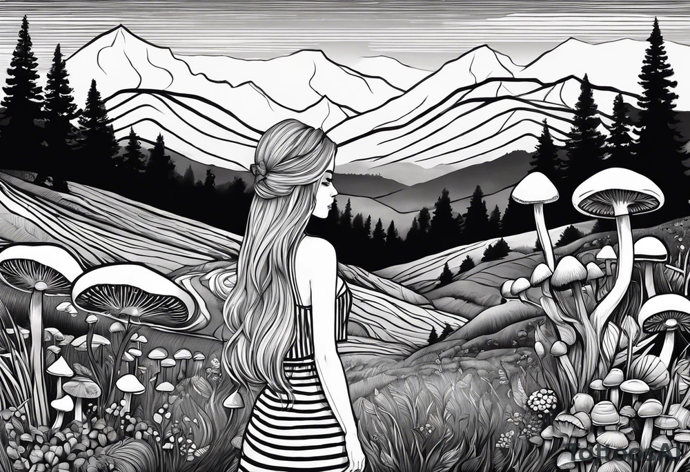 Straight long blonde hair girl in distance holding mushrooms in hand facing away toward mountains and creek surrounded by mushrooms black and white striped dress tattoo idea