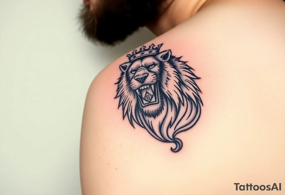 a powerful and majestic lion with a crown and in the middle of this crown a square is a freemason's compass, a realistic scorpion, tattoo idea