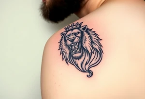 a powerful and majestic lion with a crown and in the middle of this crown a square is a freemason's compass, a realistic scorpion, tattoo idea