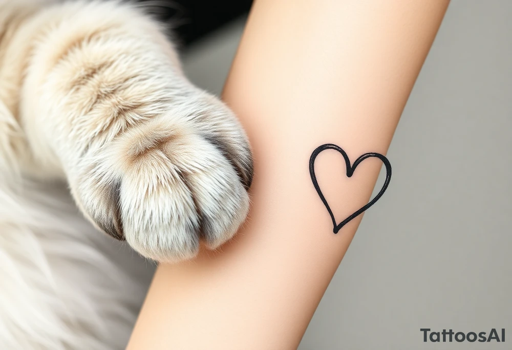 A detailed cat paw with soft fur textures, using natural tones of cream, gray, and light brown for a delicate and cozy feel and heart tattoo idea