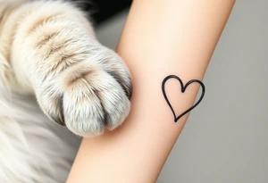 A detailed cat paw with soft fur textures, using natural tones of cream, gray, and light brown for a delicate and cozy feel and heart tattoo idea