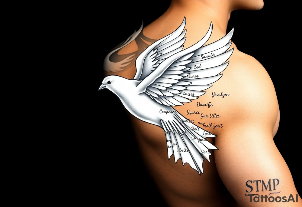 White dove of fire with the names of God and the Characteristics of the Holy Spirit in English tattoo idea