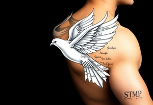 White dove of fire with the names of God and the Characteristics of the Holy Spirit in English tattoo idea