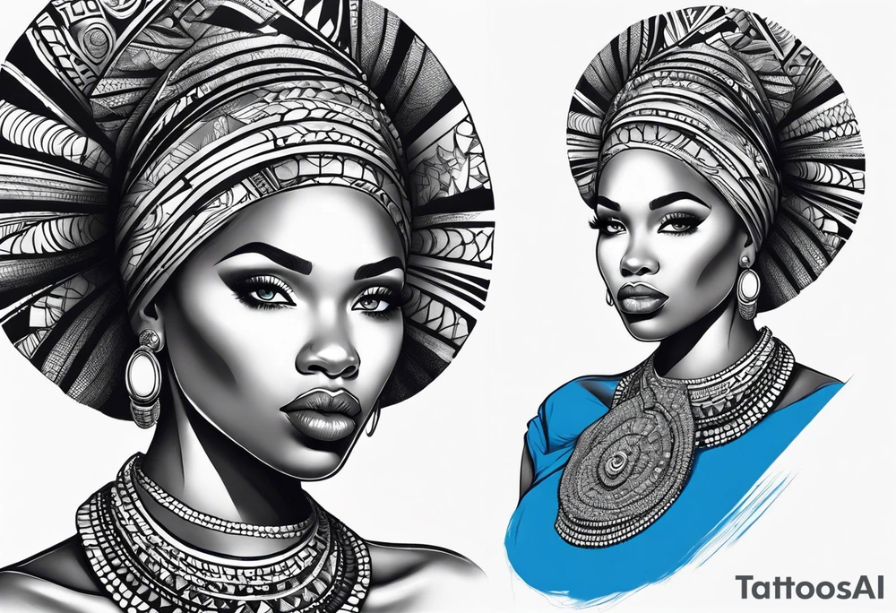 mulher iemanjá africana em preto e cinza com conchas, fundo da imagem com tons de azul tattoo idea