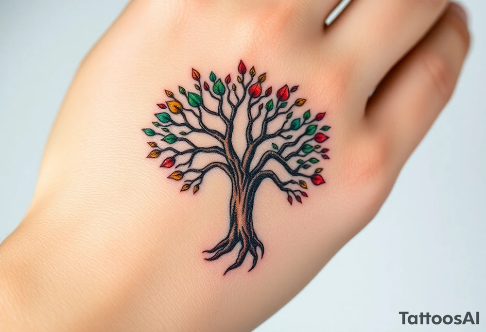 Vibrant tree of life Jamaican and Irish colours tattoo idea