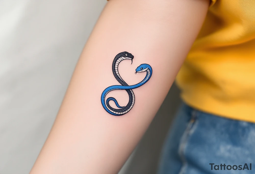 A minimalist twin snake design, one outlined in black and the other in electric blue, intertwined in a spiral. With word gemini tattoo idea