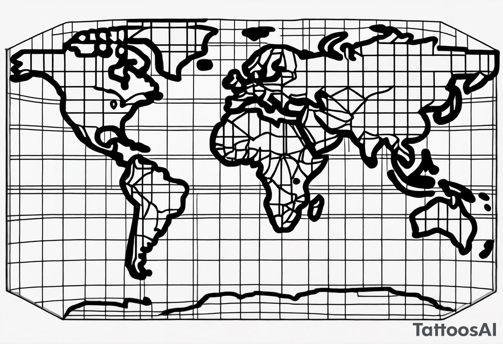 the earth on a flat map with light fading shading placed on a grid with only the lines with accurate depictions of the borders in countries while having it in an oval/circular position on a grid without any borders on the sides tattoo idea