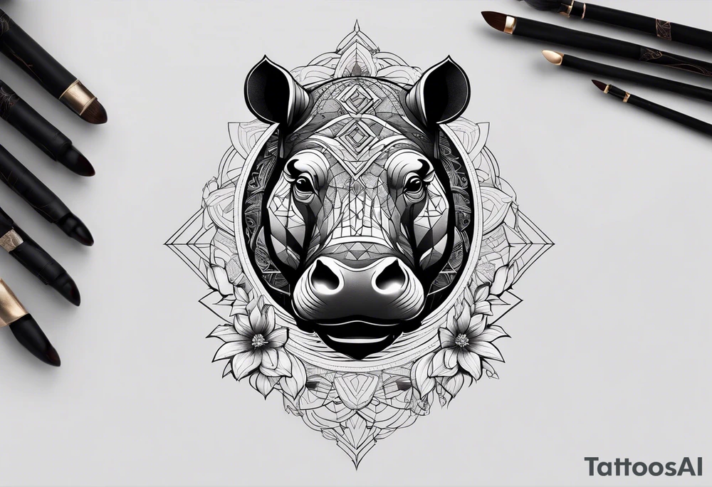 Very asymmetrical, +geometric pattern, with realistic full moon, with serious looking hippo, +zen feel, + Buddhism touch, +tribal, +geometric, +inkart 
with wintersweet flower bud, +portrait orientation, +inkart touch, tattoo idea