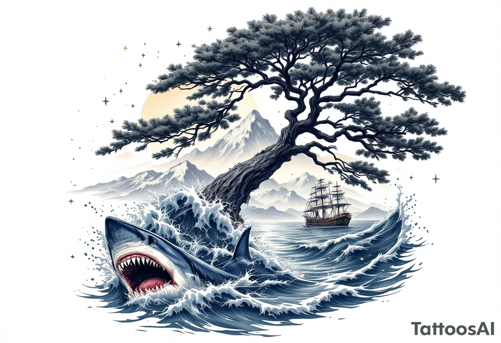tattoo that has an acacia tree with mountains, ocean with a ship wreck with sharks and the northern star tattoo idea