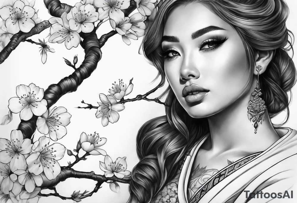 Samari with cherry blossom sleeve tattoo idea