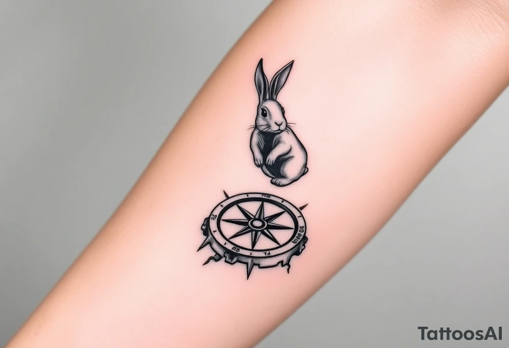 Rabbit jumping on top the compass that looks like a rabbit hole. tattoo idea