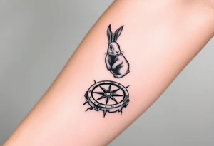 Rabbit jumping on top the compass that looks like a rabbit hole. tattoo idea