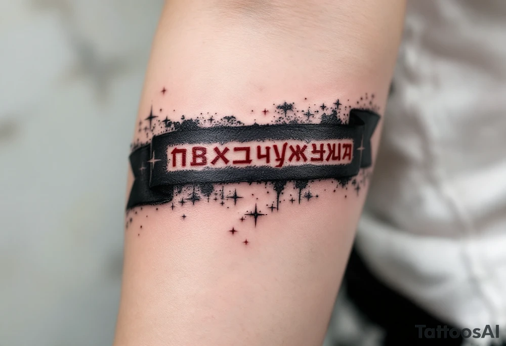 Slavic Runes – A band of red-etched runes on a black ribbon wrapping around a weathered forearm, with sparks of silver between symbols. tattoo idea