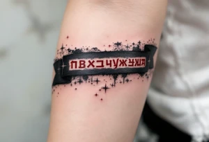 Slavic Runes – A band of red-etched runes on a black ribbon wrapping around a weathered forearm, with sparks of silver between symbols. tattoo idea