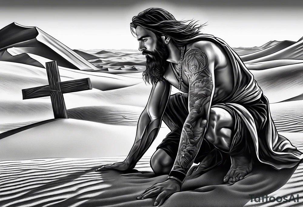 man crawling in a desert toward the cross of Christ tattoo idea