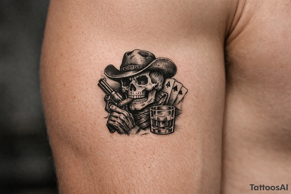skull with cowboy-hat, cigar in his mouth, a gun in a hand, playing cards, whiskey-glass. tattoo idea