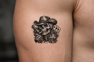 skull with cowboy-hat, cigar in his mouth, a gun in a hand, playing cards, whiskey-glass. tattoo idea
