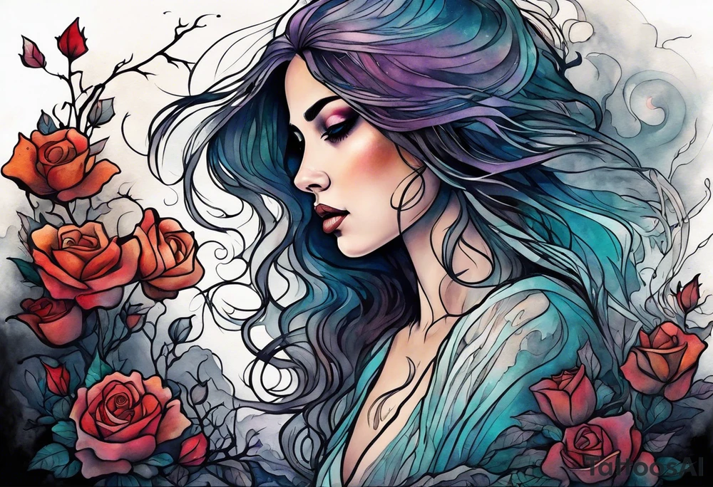 Woman with a tear running down her face walking out of a graveyard  leaving her old terrifying, scary, violent past behind her ethereal and mysterious tattoo idea
