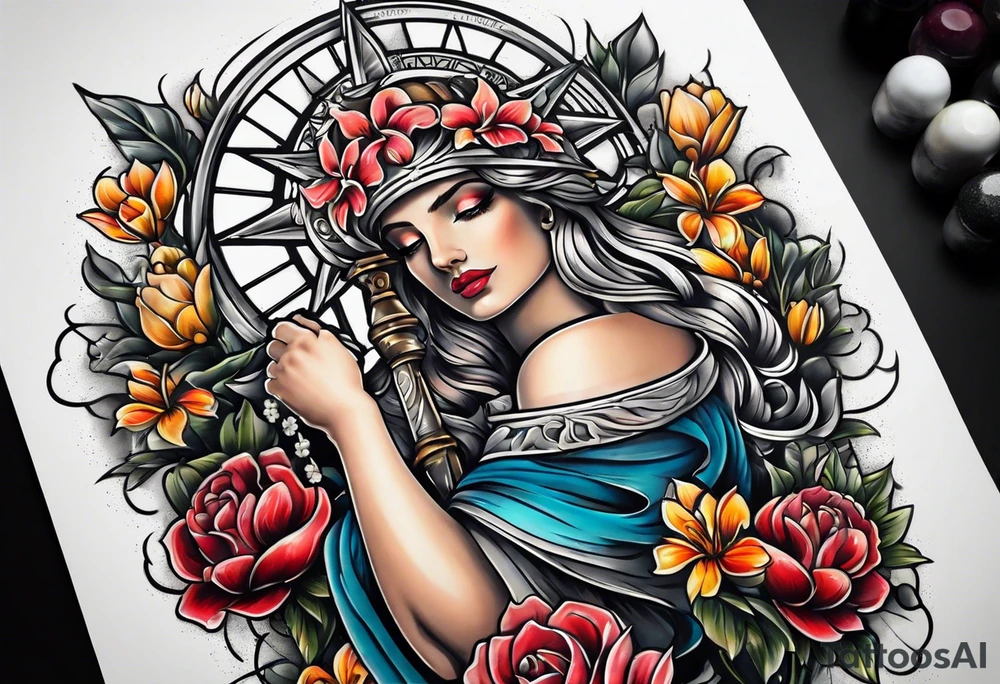Sleeve with lady justice and flowers tattoo idea