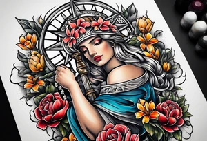 Sleeve with lady justice and flowers tattoo idea