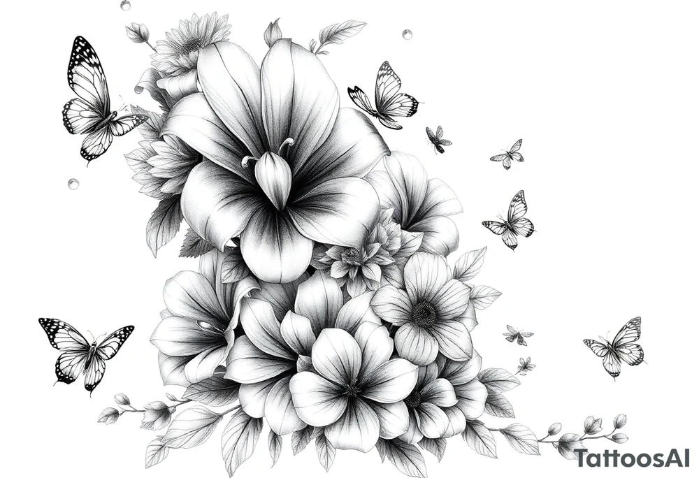 Calia Lily, rose, gadiolus, carnation,Narcissus,poppy, aster, violet ,chrysanthemum, lily of the valley and water lily sleeve on upper arm and shoulder  with butterfly’s and bumblebees and dragonflies tattoo idea