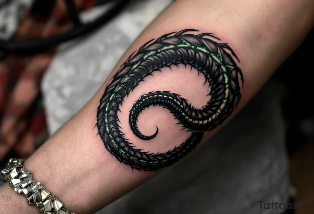 A dark Xenomorph tail spiraling around the arm, with segments that glow in a soft greenish hue, contrasting the black of the body. tattoo idea