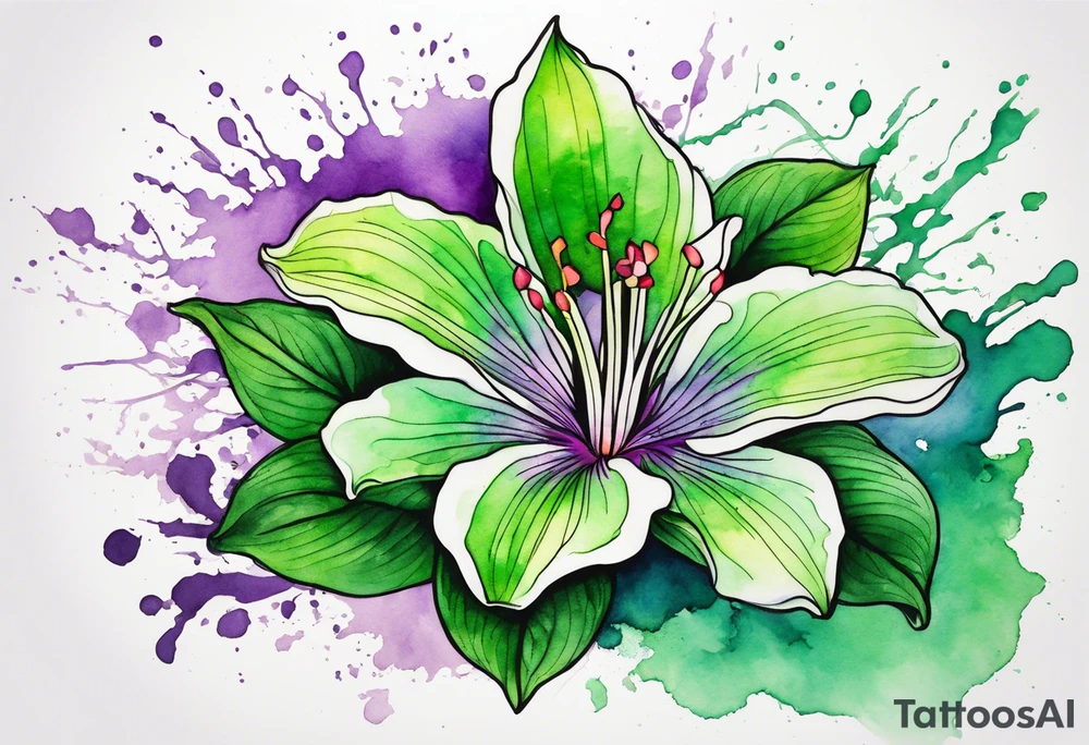 An outline of a green rio dipladenia flower and a green and purple watercolor splash in the background tattoo idea
