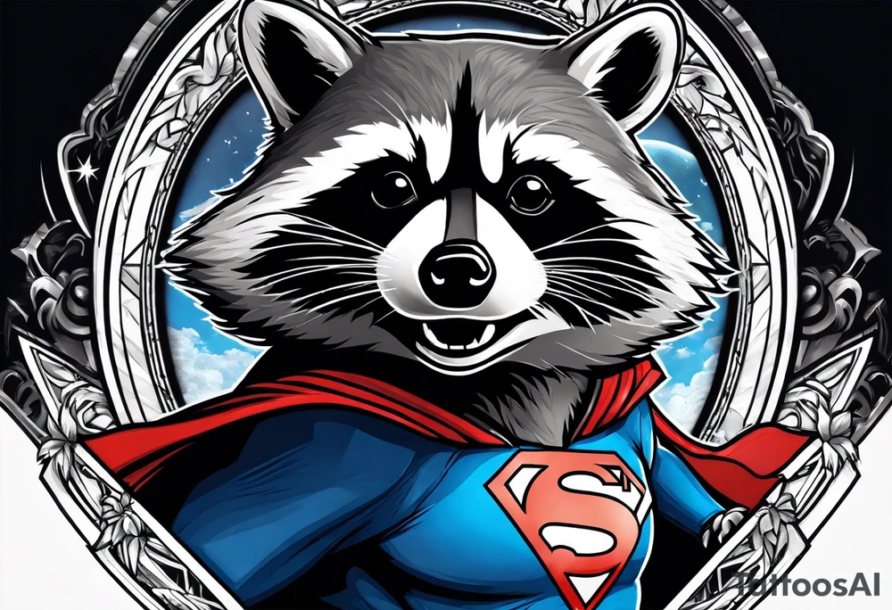 raccoon wearing a Superman t-shirt tattoo idea