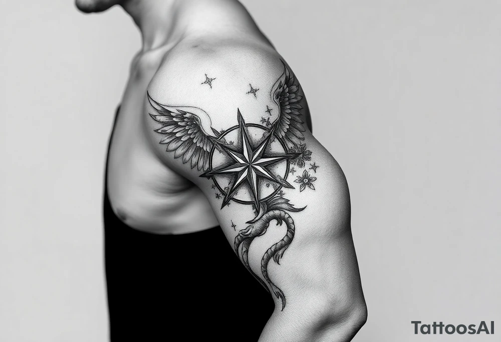 Half star half compass with angel tattoo idea