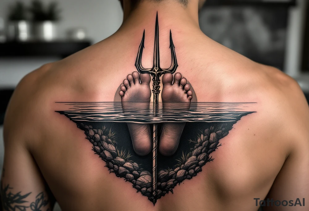 barefeet behind trident half way under water and sunset tattoo idea