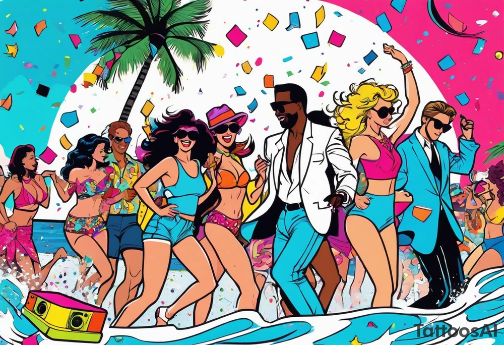 1980's miami vice style beach dance 
party, include confetti, music notes, boom box, bikinis tattoo idea