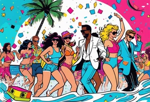 1980's miami vice style beach dance 
party, include confetti, music notes, boom box, bikinis tattoo idea