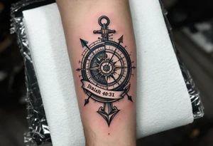 steampunk half compass/clock with a full-length arrow and anchor saying "Isaiah 40:31" tattoo idea