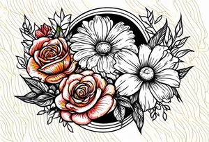 A daisy and a rose with gladiolus flowers weaving through tattoo idea