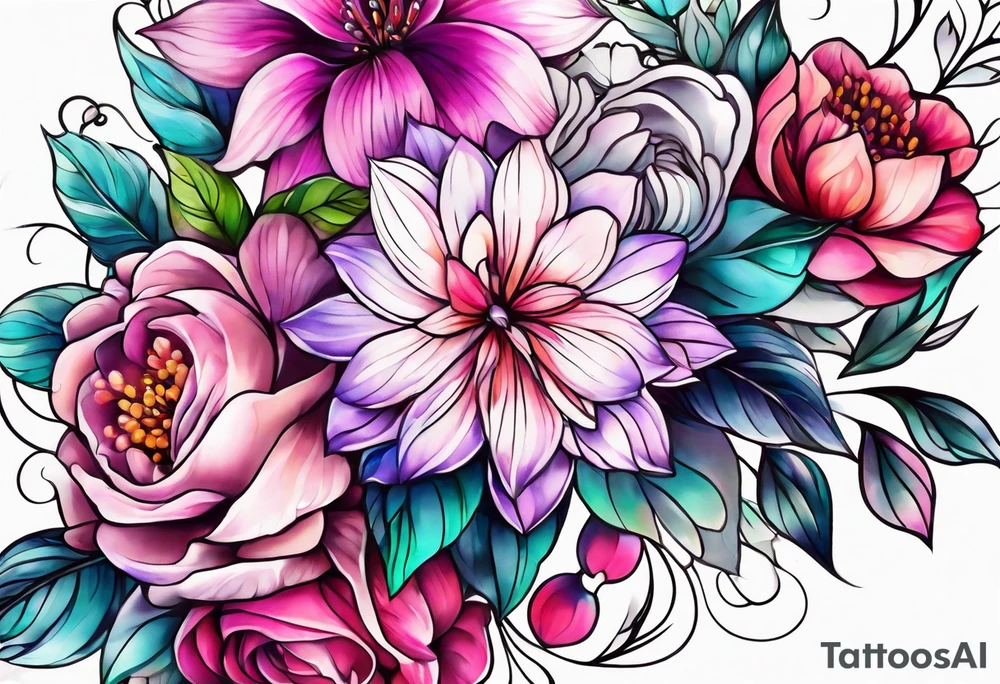 Bright, colorful, lots of pinks and purples flower arm tattoo tattoo idea