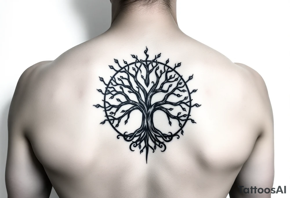 yggadrisl tree of life with circle. Jai , Phoebe, Imogen, Matilda in the circle tattoo idea